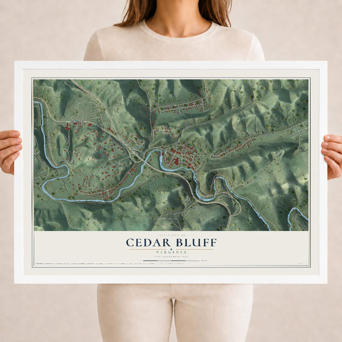 Map of Cedar Bluff, Virginia, 18 x 24 inch print in a white wood frame