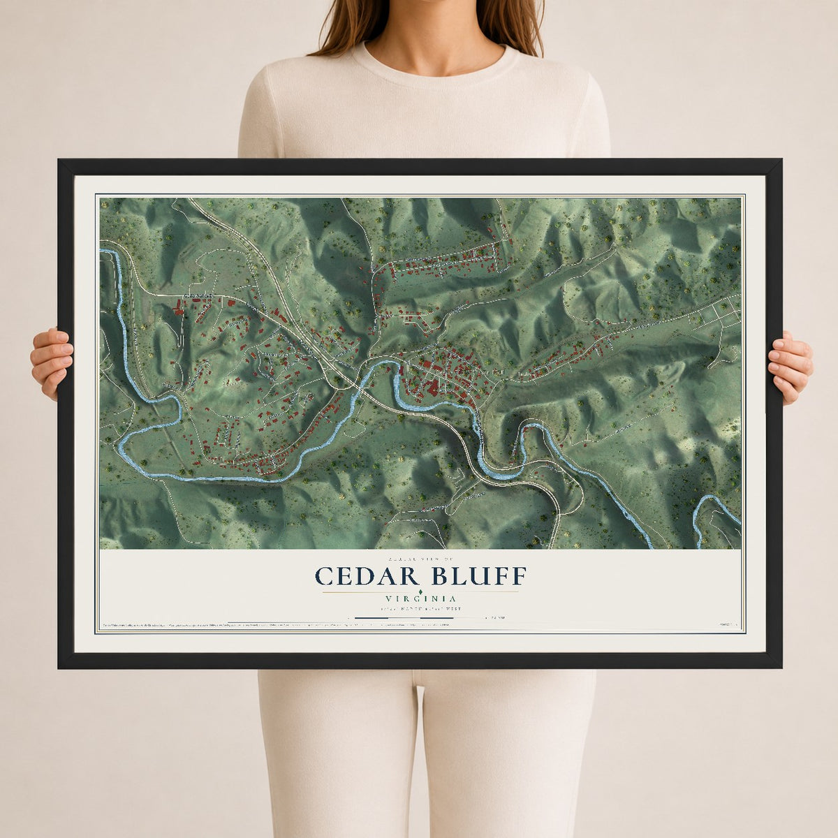 Map of Cedar Bluff, Virginia, 24 x 36 inch print in a black wood frame