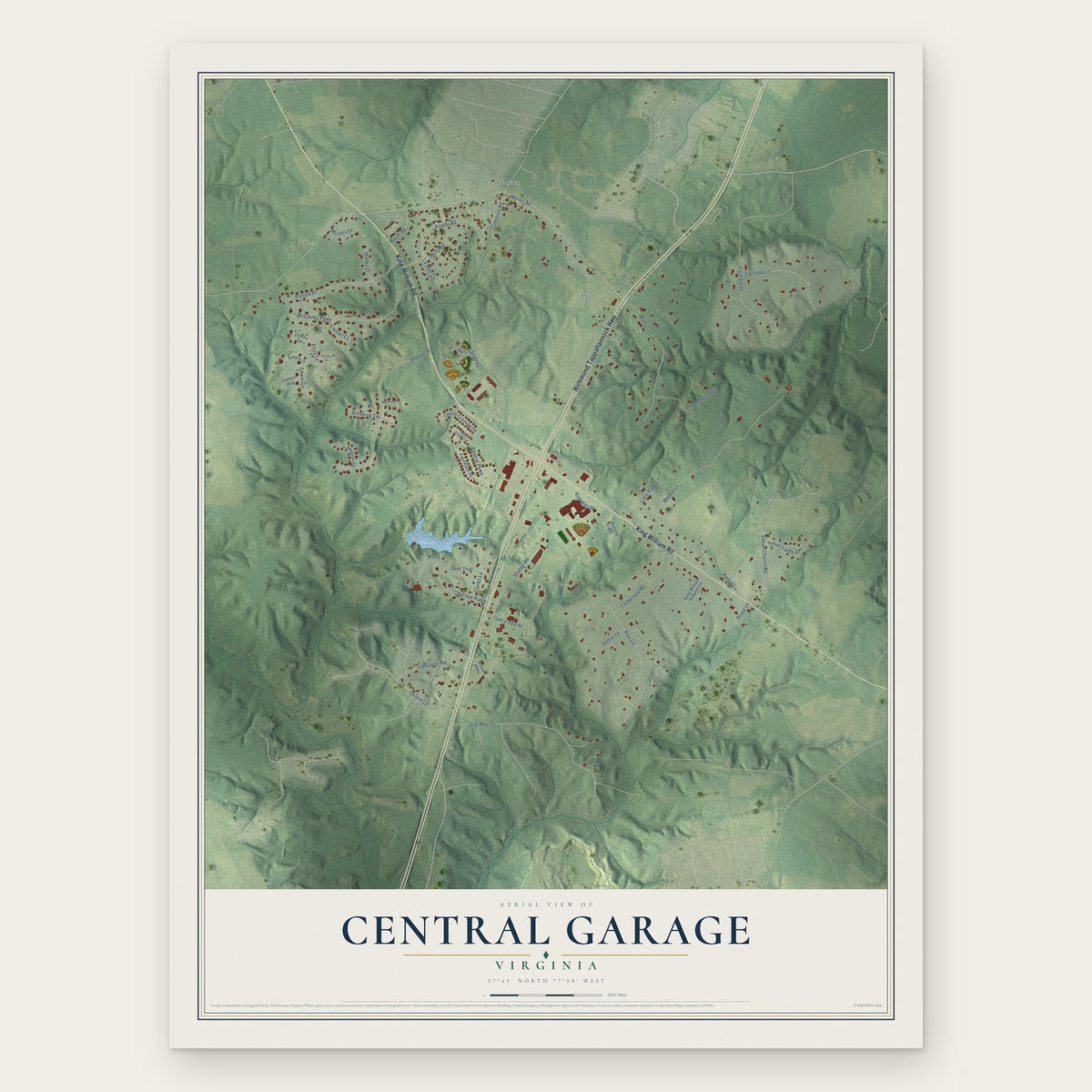 Central Garage, Virginia map print, the full design