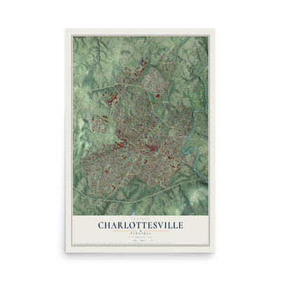 Map of Charlottesville, Virginia, 12 x 18 inch unframed archival matte print
