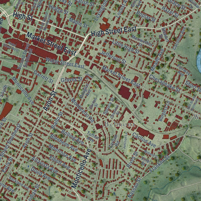 Close-up of the map of Charlottesville, Virginia print showing street and building detail