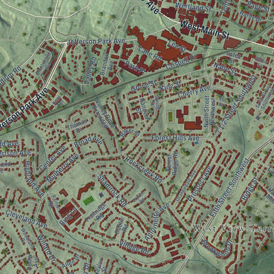 Second close-up of the map of Charlottesville, Virginia print showing more streets and buildings
