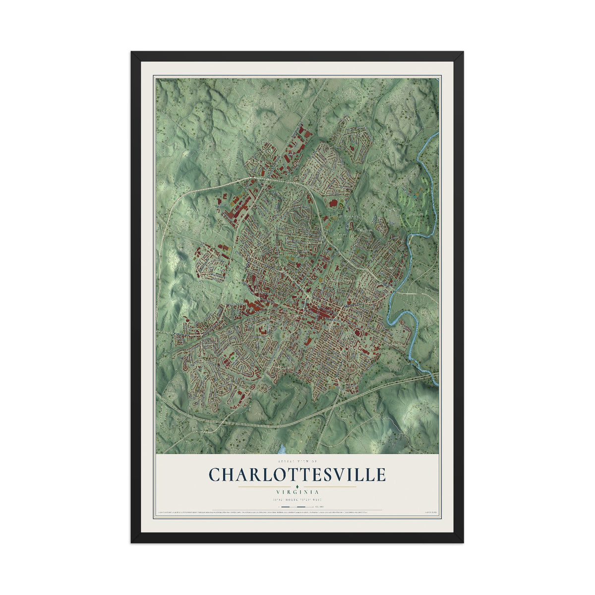 Map of Charlottesville, Virginia, 12 x 18 inch print in a black wood frame