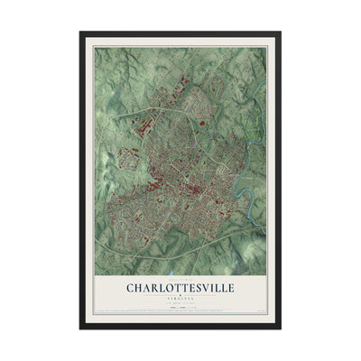 Map of Charlottesville, Virginia, 12 x 18 inch print in a black wood frame