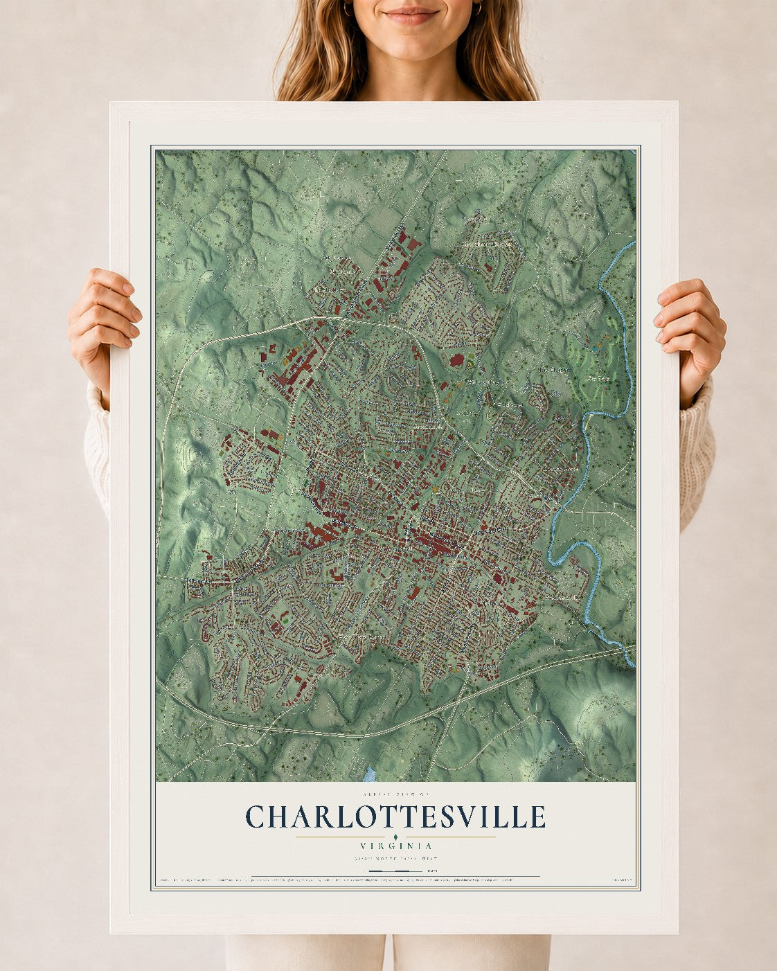 Map of Charlottesville, Virginia, 24 x 36 inch print in a white wood frame