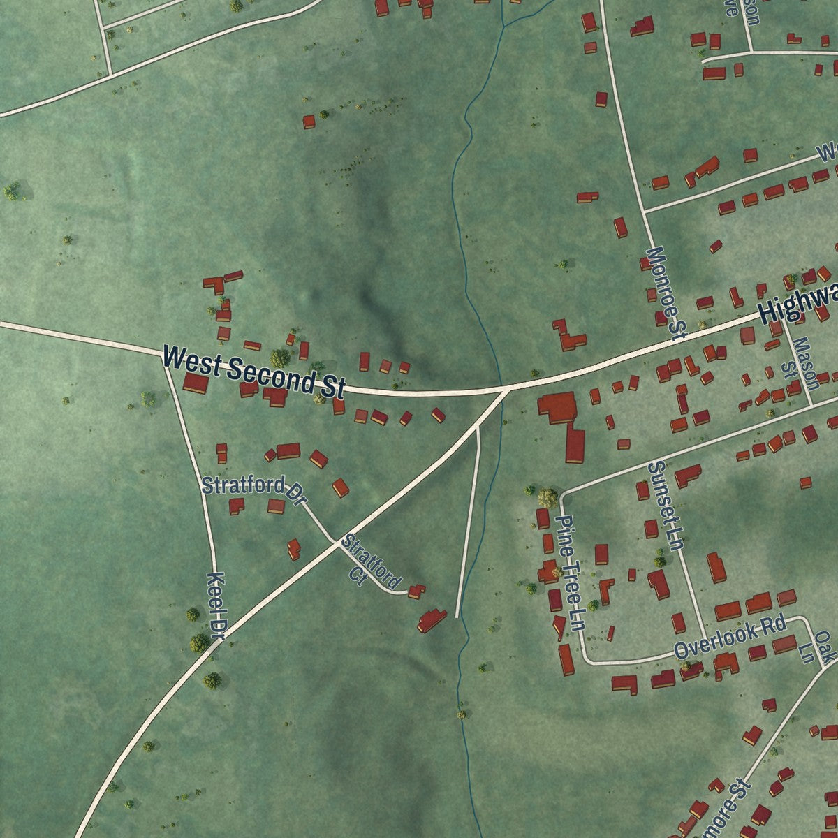 Second close-up of the map of Chase City, Virginia print showing more streets and buildings