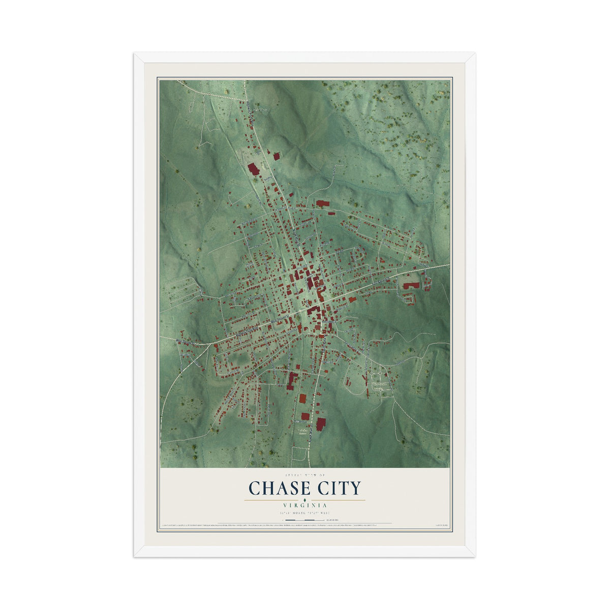Map of Chase City, Virginia, 12 x 18 inch print in a white wood frame