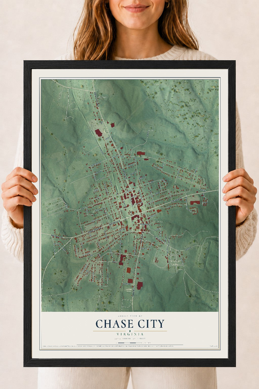 Map of Chase City, Virginia, 18 x 24 inch print in a black wood frame