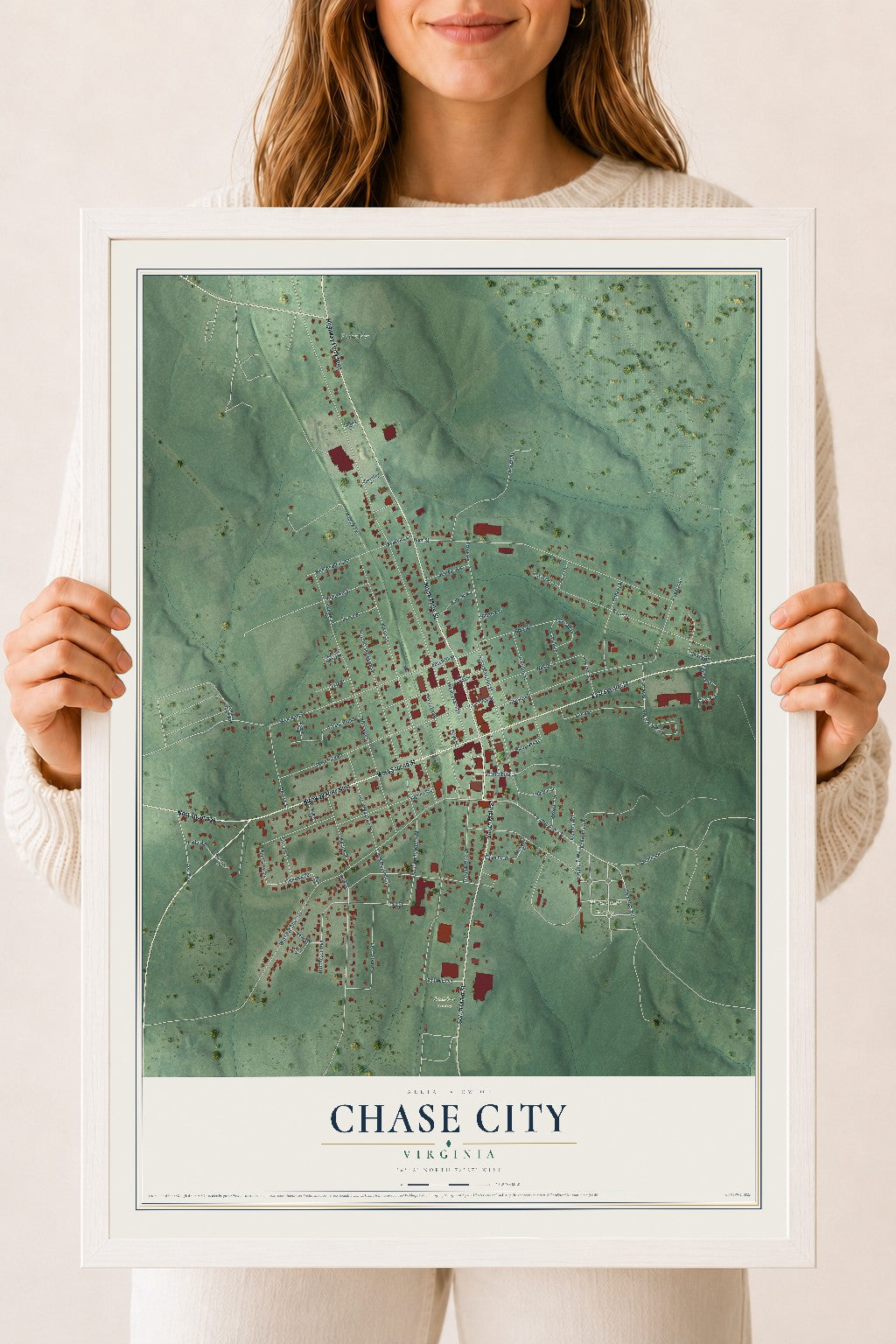 Map of Chase City, Virginia, 18 x 24 inch print in a white wood frame