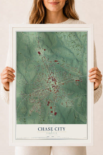 Map of Chase City, Virginia, 18 x 24 inch print in a white wood frame