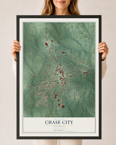 Map of Chase City, Virginia, 24 x 36 inch print in a black wood frame
