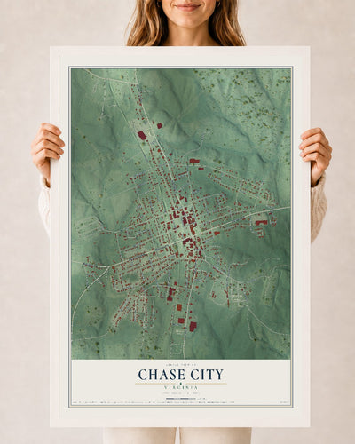 Map of Chase City, Virginia, 24 x 36 inch print in a white wood frame