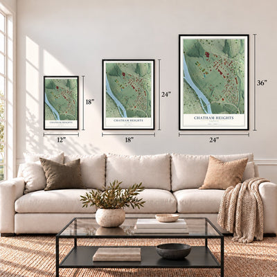 Chatham Heights, Virginia map in 12 x 18, 18 x 24 and 24 x 36 inch sizes above a sofa