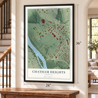 Chatham Heights, Virginia map, 24 x 36 inch print in a black frame by a staircase