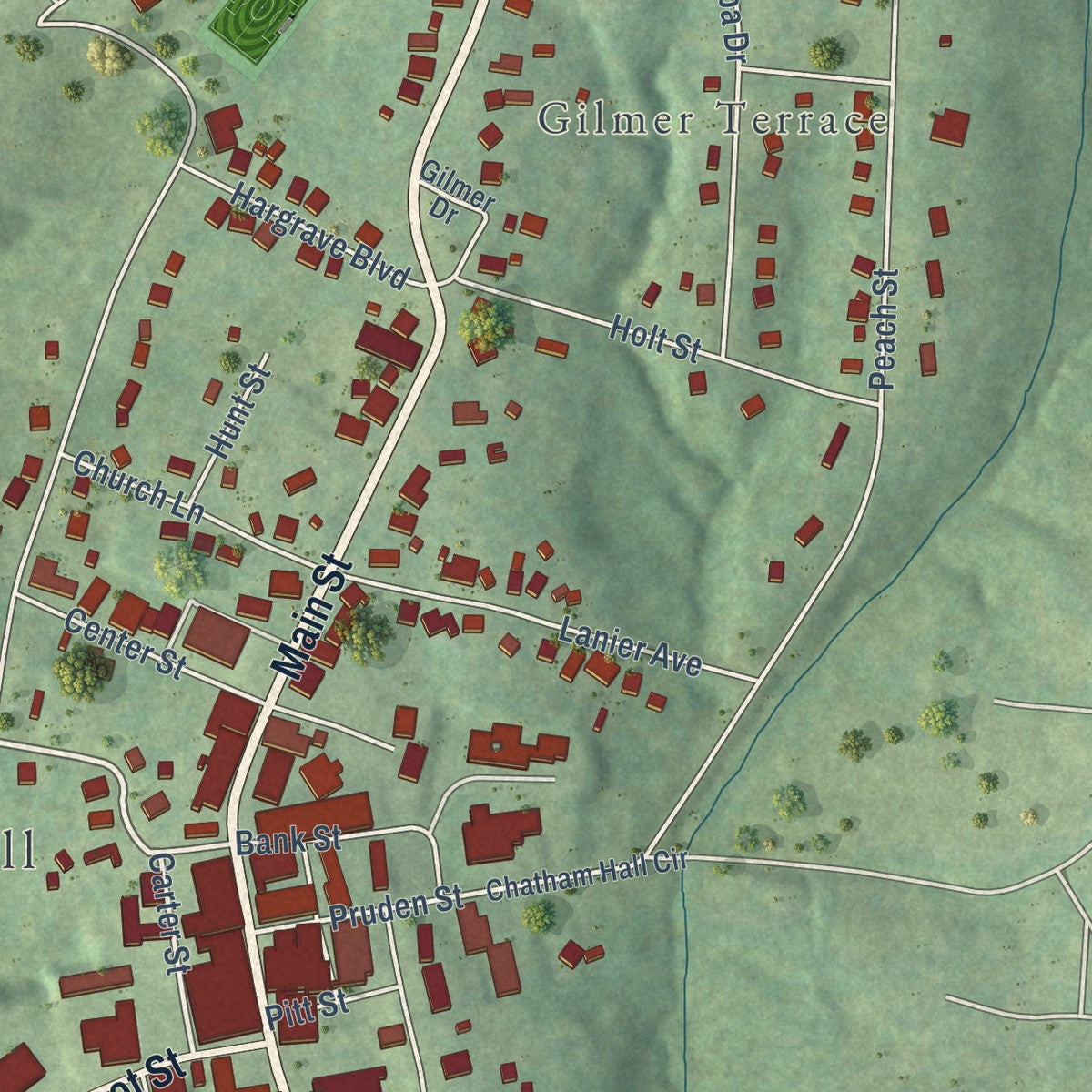 Close-up of the map of Chatham, Virginia print showing street and building detail