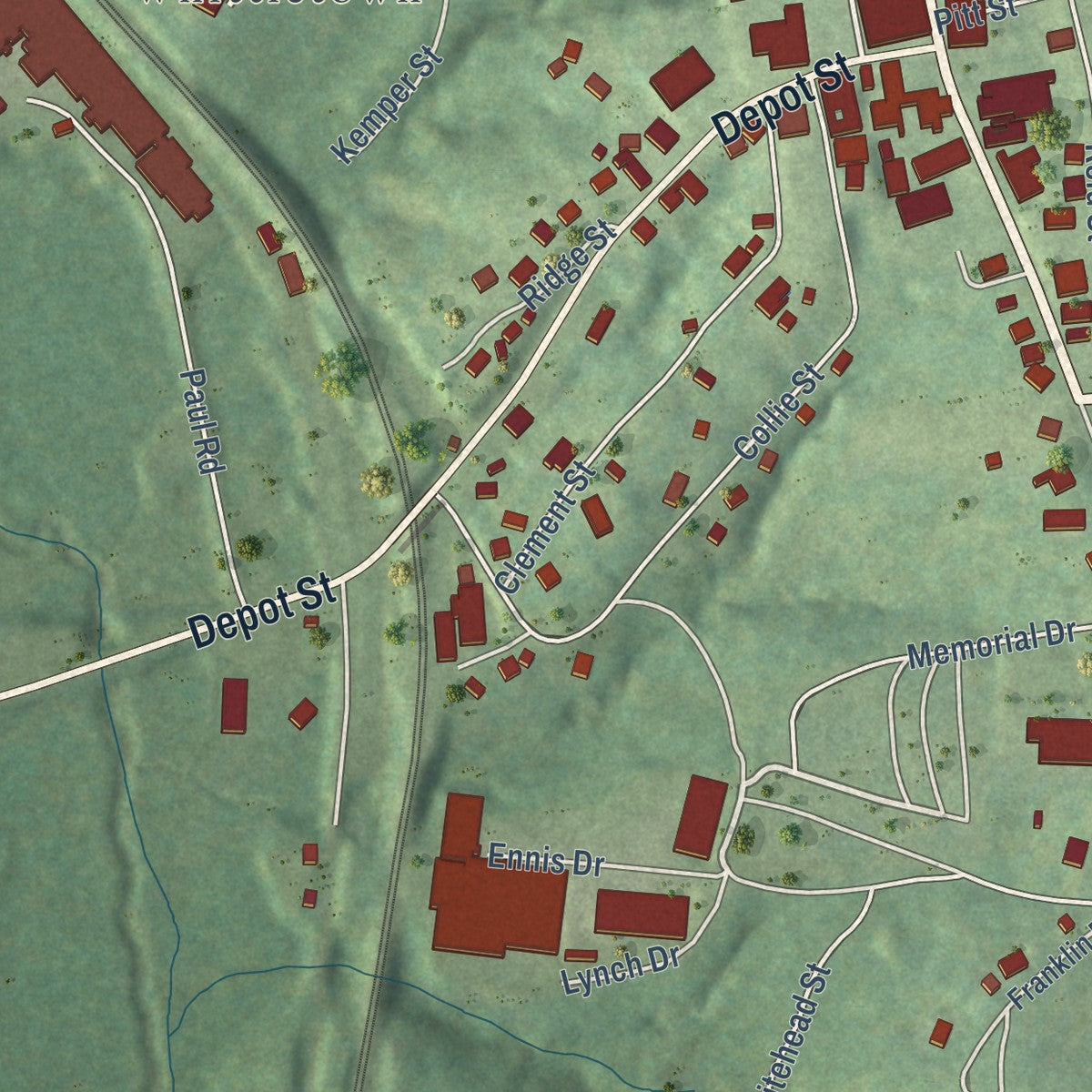 Second close-up of the map of Chatham, Virginia print showing more streets and buildings
