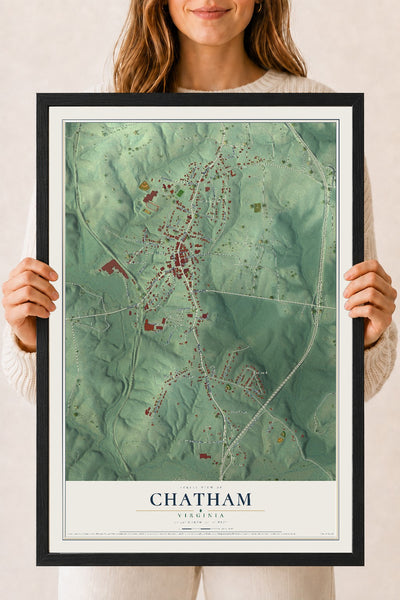 Map of Chatham, Virginia, 18 x 24 inch print in a black wood frame