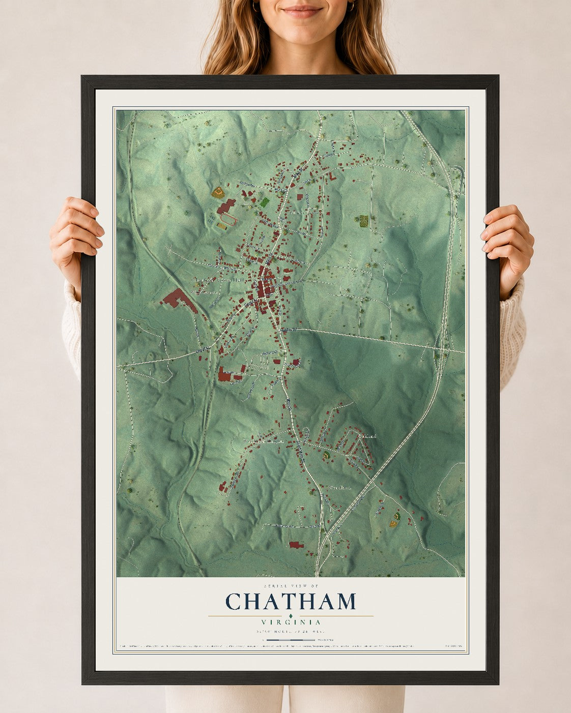 Map of Chatham, Virginia, 24 x 36 inch print in a black wood frame