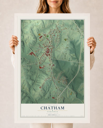 Map of Chatham, Virginia, 24 x 36 inch print in a white wood frame