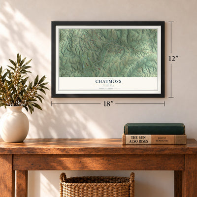 Chatmoss, Virginia map, 12 x 18 inch print in a black frame in an entryway