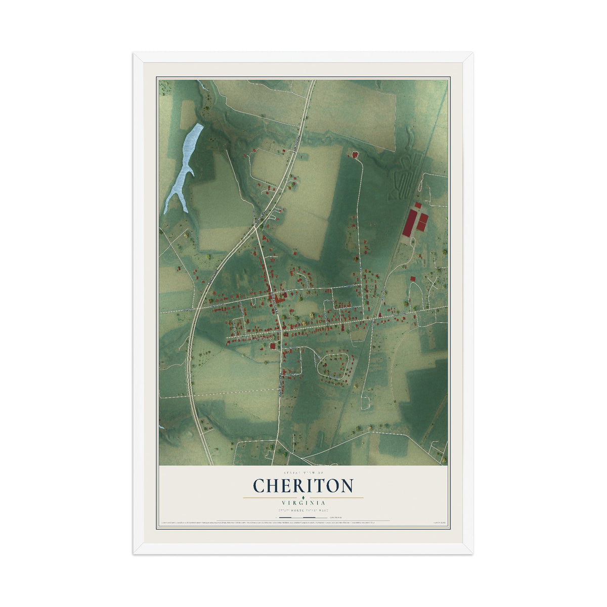 Map of Cheriton, Virginia, 12 x 18 inch print in a white wood frame