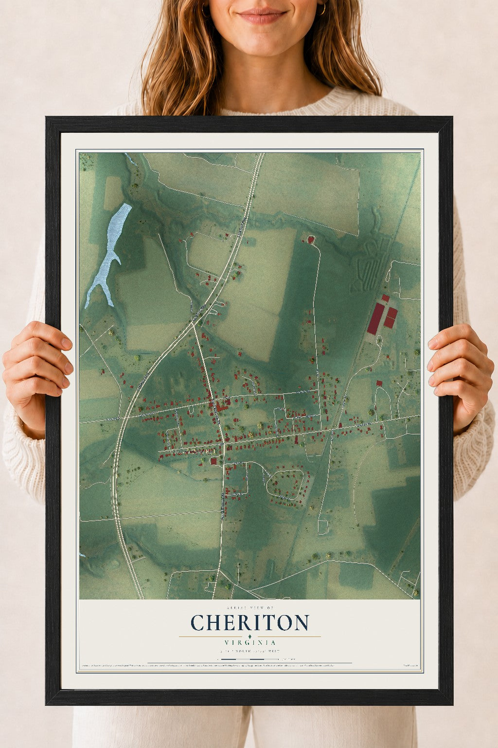 Map of Cheriton, Virginia, 18 x 24 inch print in a black wood frame