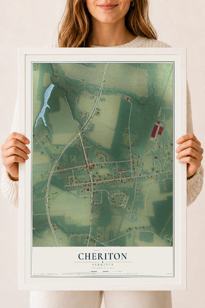 Map of Cheriton, Virginia, 18 x 24 inch print in a white wood frame