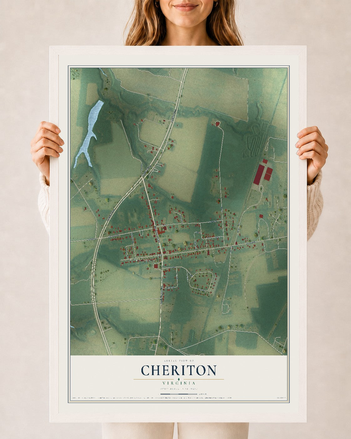 Map of Cheriton, Virginia, 24 x 36 inch print in a white wood frame