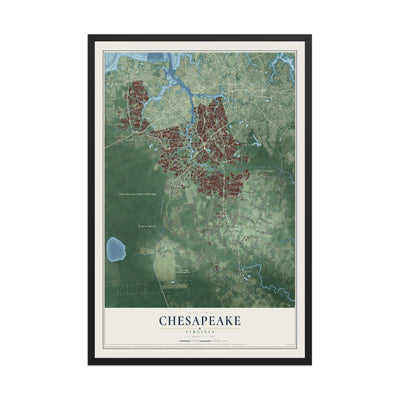 Map of Chesapeake, Virginia, 12 x 18 inch print in a black wood frame