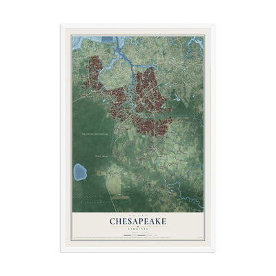 Map of Chesapeake, Virginia, 12 x 18 inch print in a white wood frame