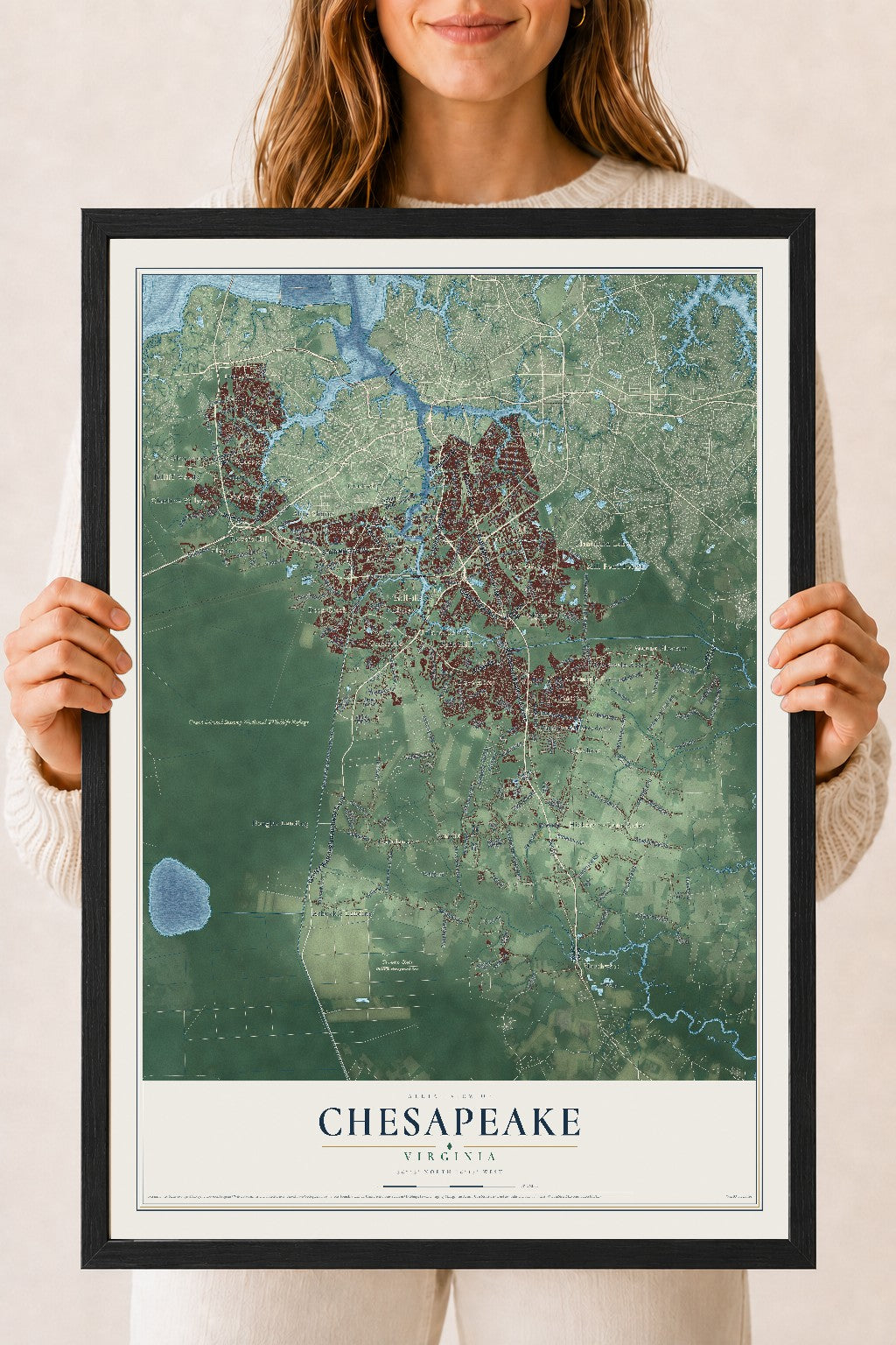 Map of Chesapeake, Virginia, 18 x 24 inch print in a black wood frame
