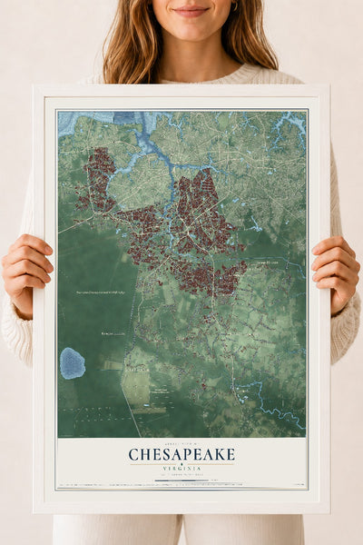 Map of Chesapeake, Virginia, 18 x 24 inch print in a white wood frame