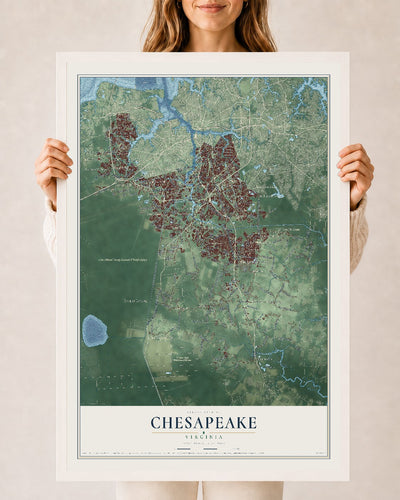Map of Chesapeake, Virginia, 24 x 36 inch print in a white wood frame