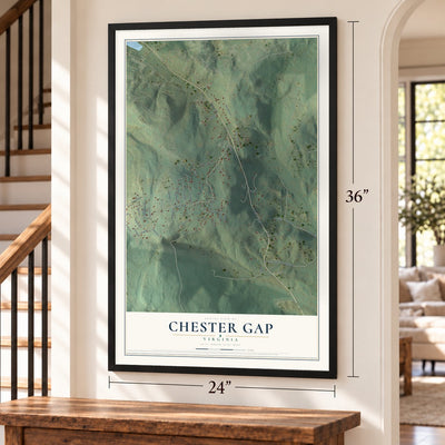 Chester Gap, Virginia map, 24 x 36 inch print in a black frame by a staircase