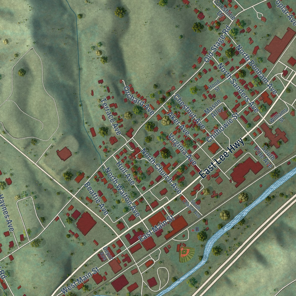 Close-up of the map of Chilhowie, Virginia print showing street and building detail