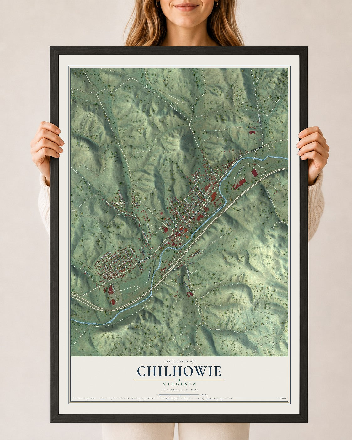 Map of Chilhowie, Virginia, 24 x 36 inch print in a black wood frame
