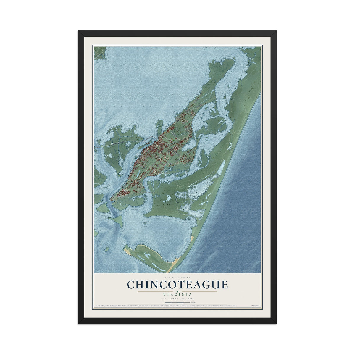 Map of Chincoteague, Virginia, 12 x 18 inch print in a black wood frame