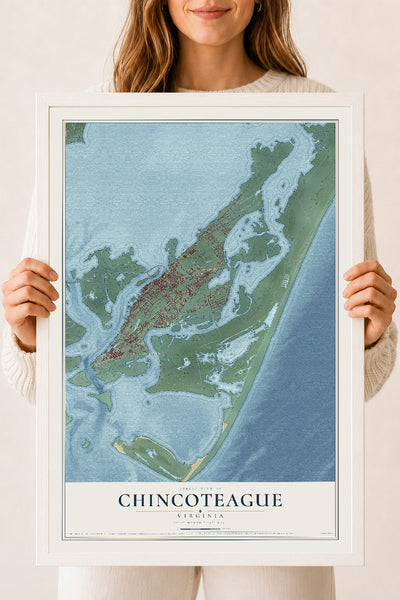 Map of Chincoteague, Virginia, 18 x 24 inch print in a white wood frame