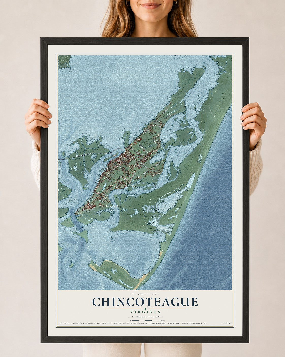 Map of Chincoteague, Virginia, 24 x 36 inch print in a black wood frame