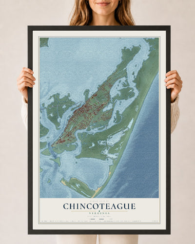 Map of Chincoteague, Virginia, 24 x 36 inch print in a black wood frame