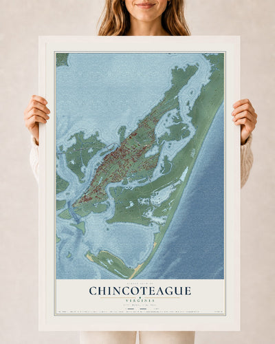 Map of Chincoteague, Virginia, 24 x 36 inch print in a white wood frame