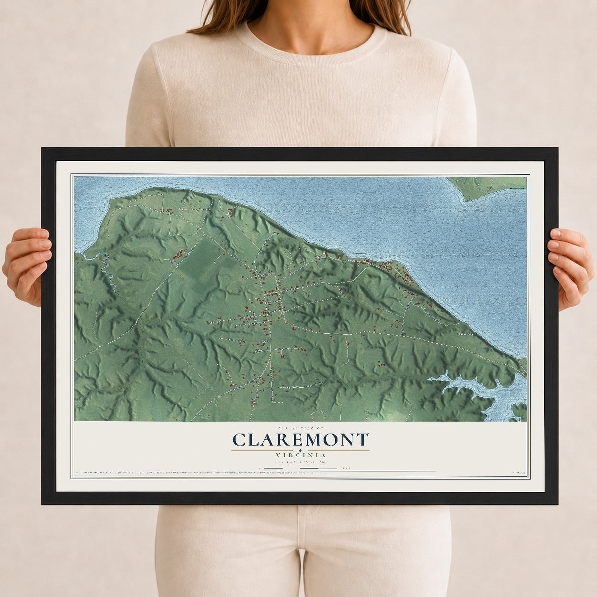 Map of Claremont, Virginia, 12 x 18 inch print in a black wood frame