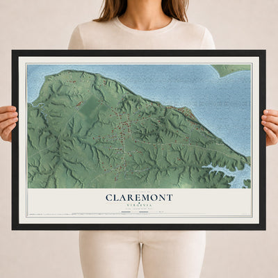 Map of Claremont, Virginia, 18 x 24 inch print in a black wood frame