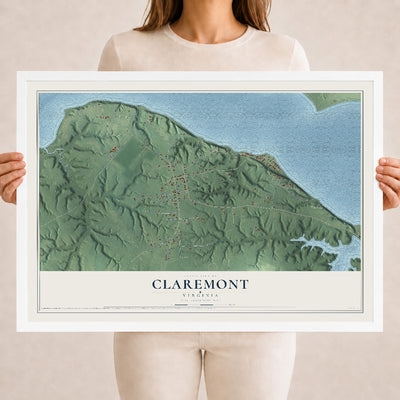 Map of Claremont, Virginia, 18 x 24 inch print in a white wood frame