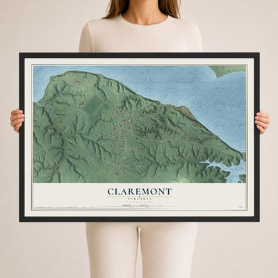 Map of Claremont, Virginia, 24 x 36 inch print in a black wood frame