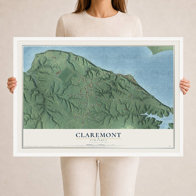 Map of Claremont, Virginia, 24 x 36 inch print in a white wood frame