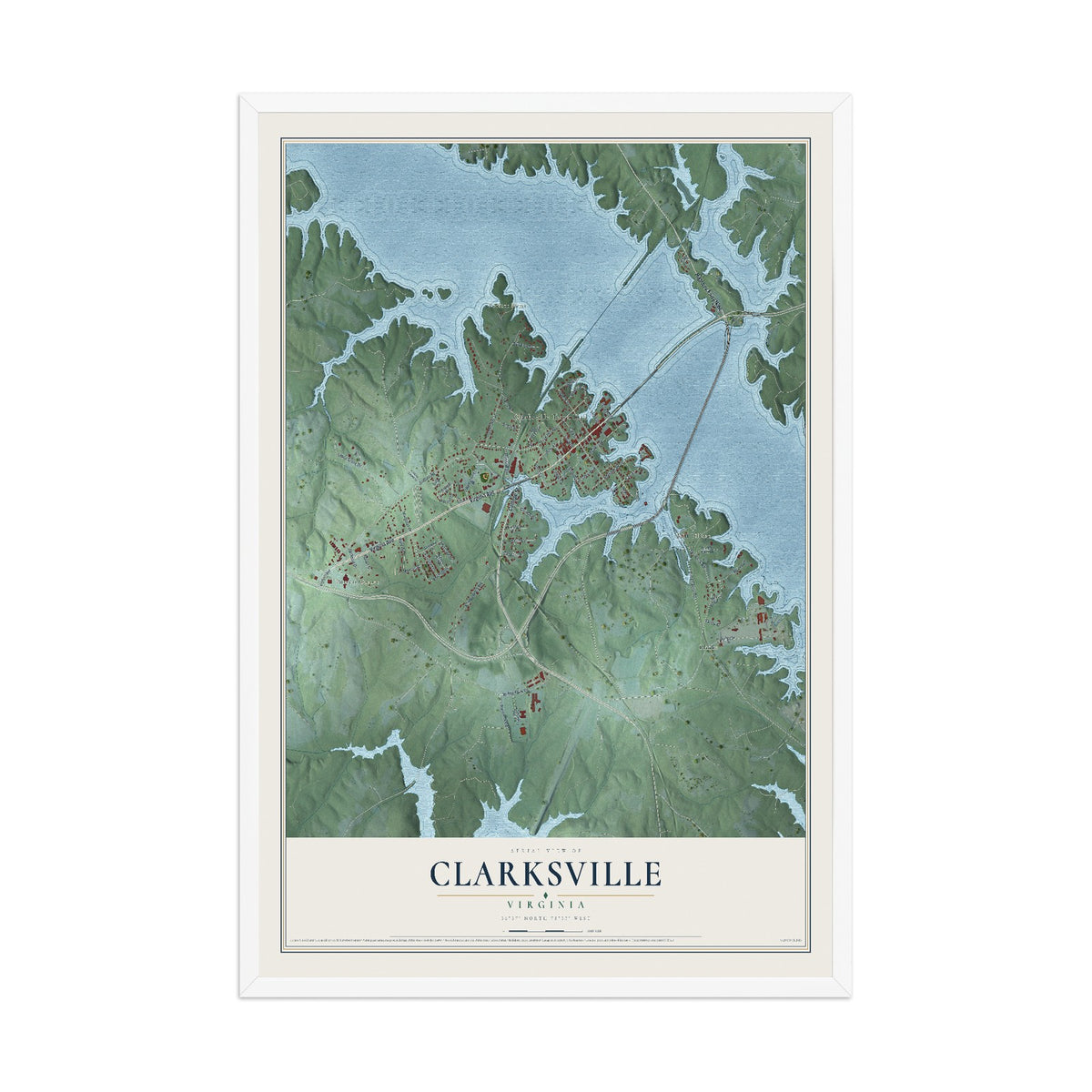 Map of Clarksville, Virginia, 12 x 18 inch print in a white wood frame