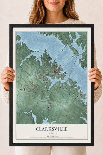Map of Clarksville, Virginia, 18 x 24 inch print in a black wood frame