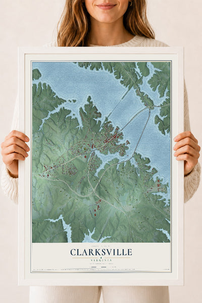 Map of Clarksville, Virginia, 18 x 24 inch print in a white wood frame