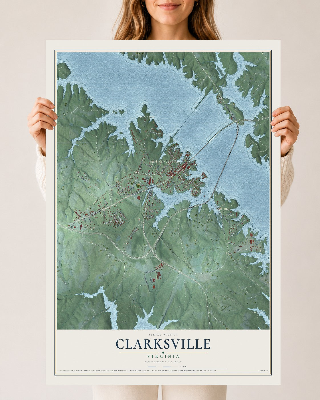 Map of Clarksville, Virginia, 24 x 36 inch unframed archival matte print